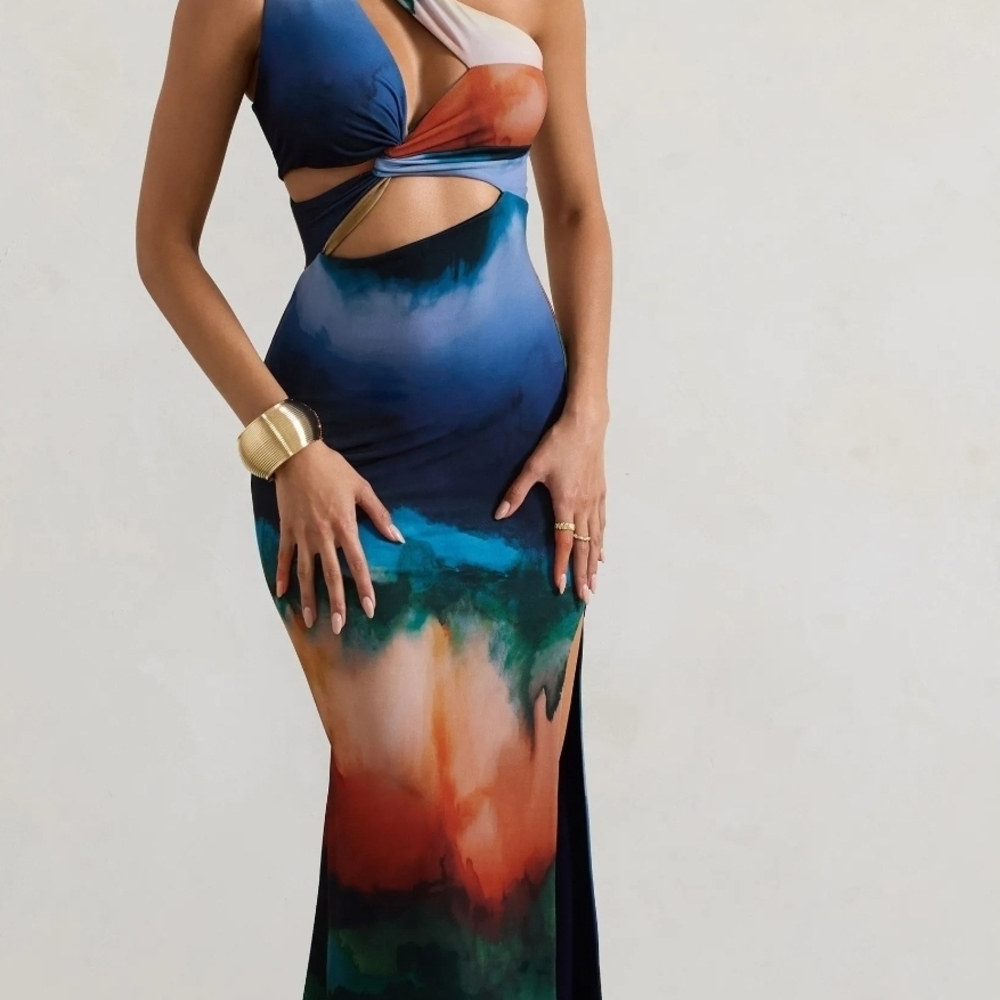 Club L London One-Shoulder Cutout Maxi Dress in Blue, Green, Orange